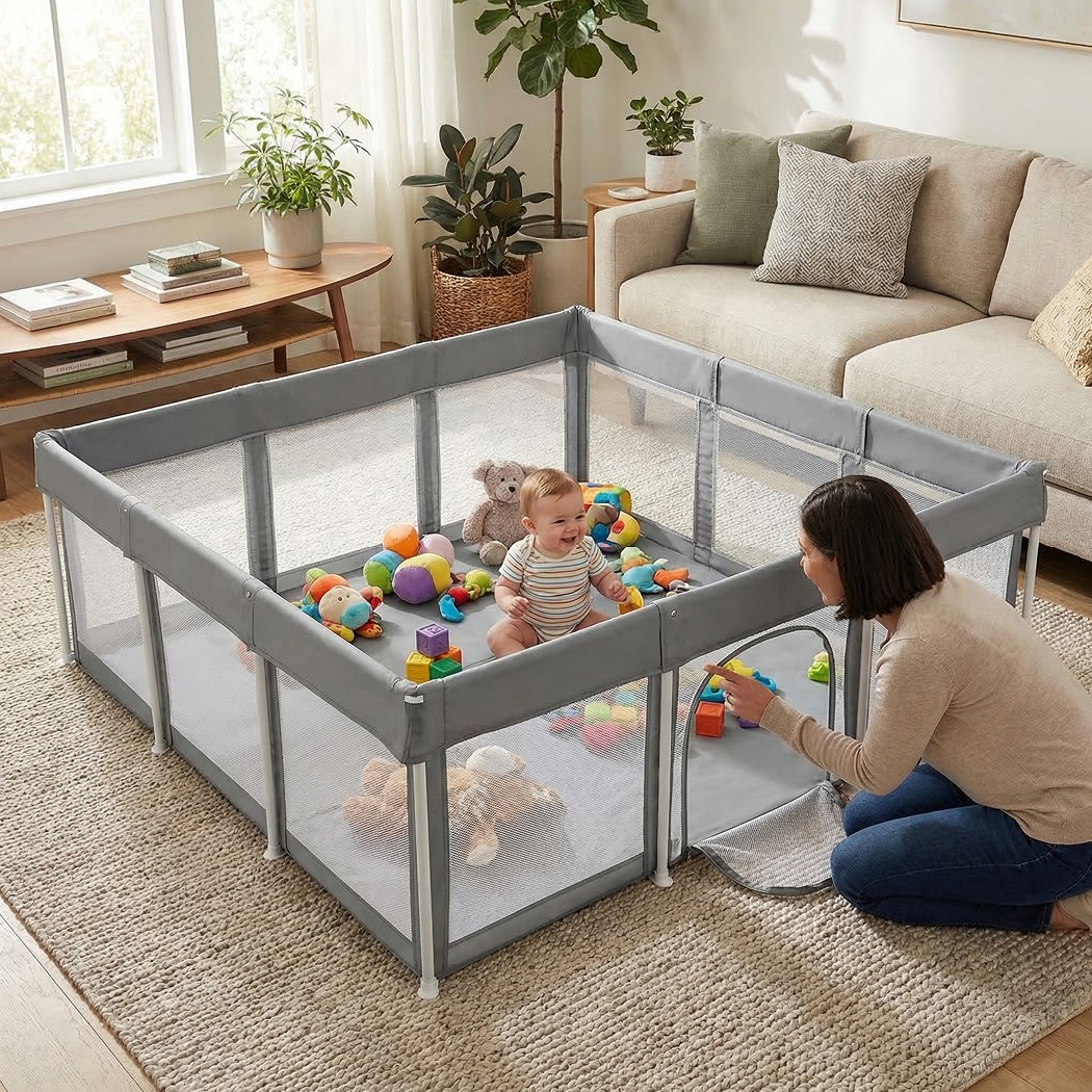 Bopeep Kids Playpen Pop-up Foldable Baby Safety Mesh Fence Toddler Grey Center