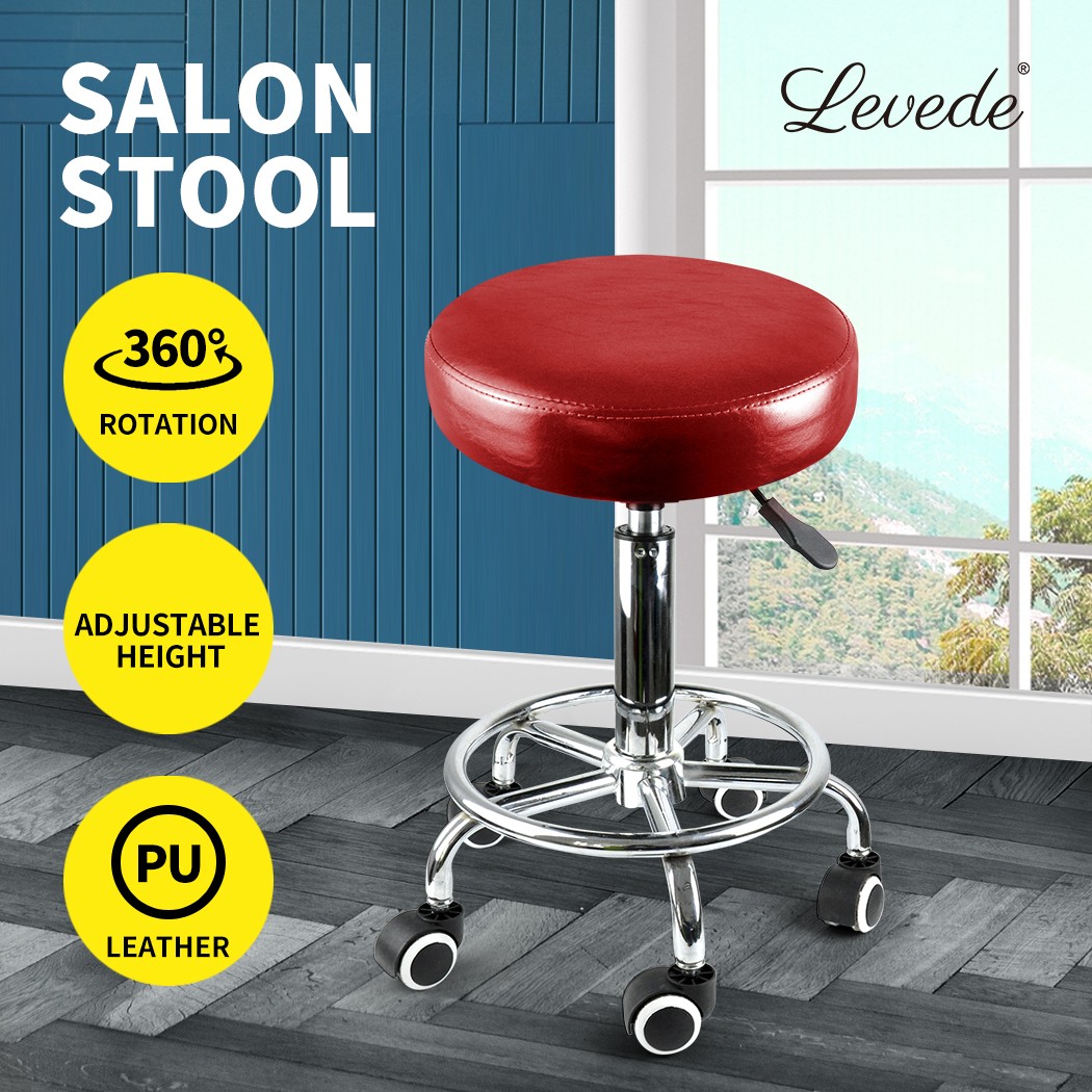 Levede Red Salon Barber Stool Swivel Hairdressing Chair Round PVC Adjustable