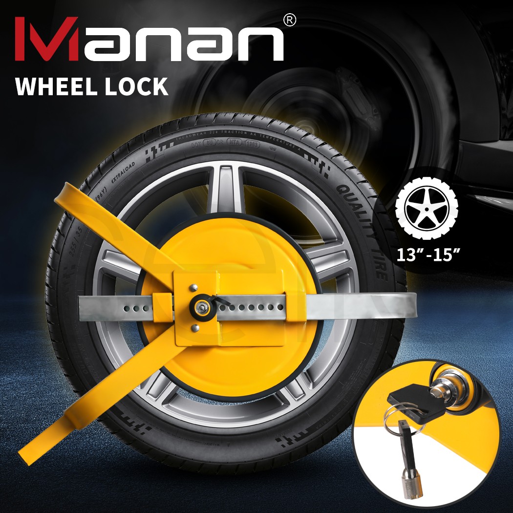 Manan Wheel Lock Clamp Heavy Duty Steel Yellow Car Caravan Trailer 13-15