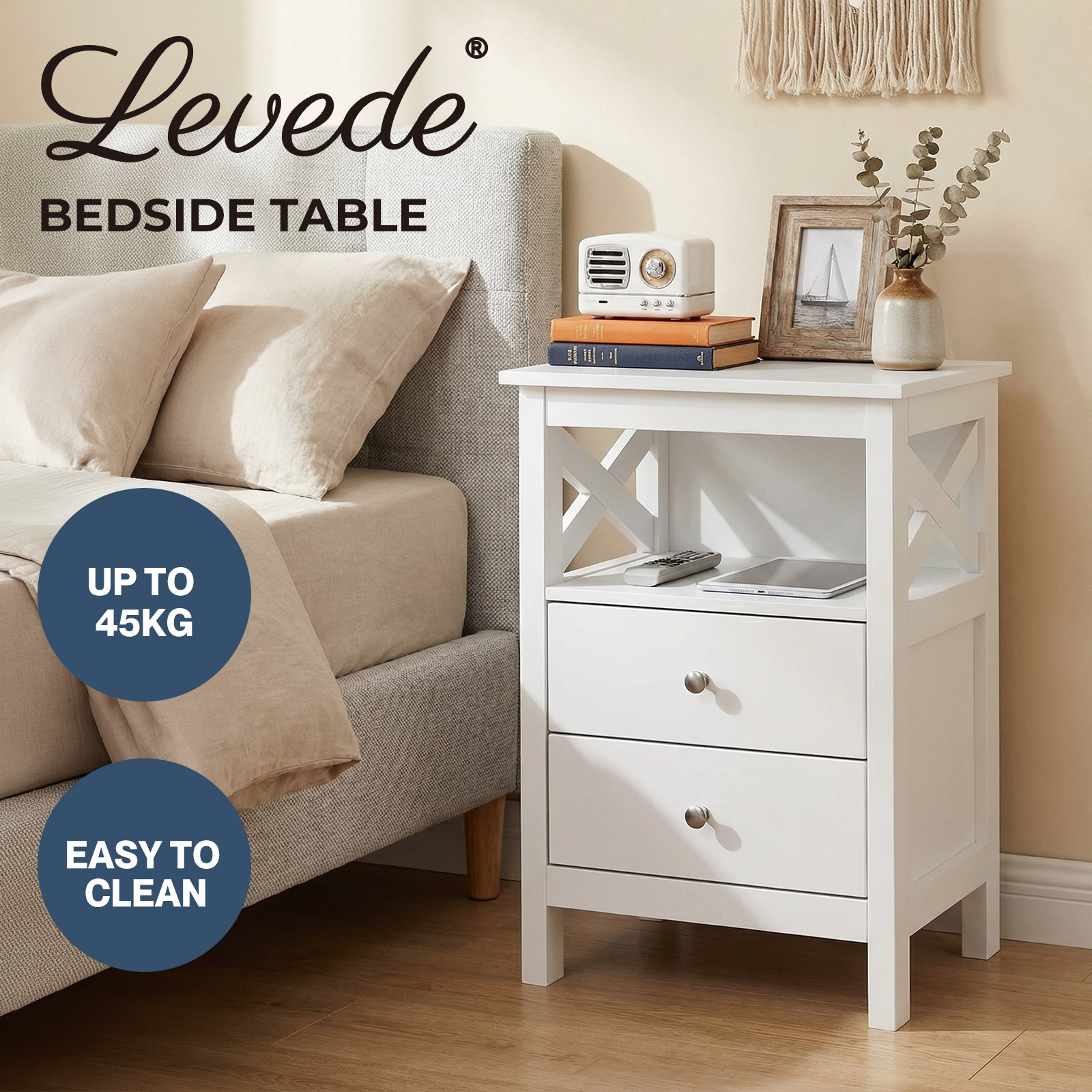 Levede Modern Bedside Table Nightstand 2 Drawers Storage Bedroom Cabinet board
