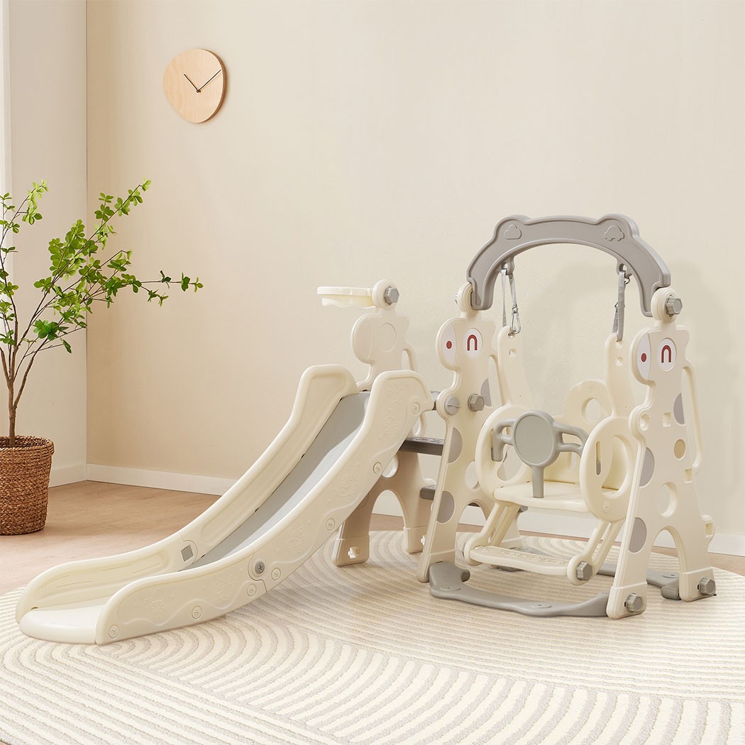 Bopeep Kid Slide Swing Set Basketball Hoop Indoor Outdoor Playground Toys Cream