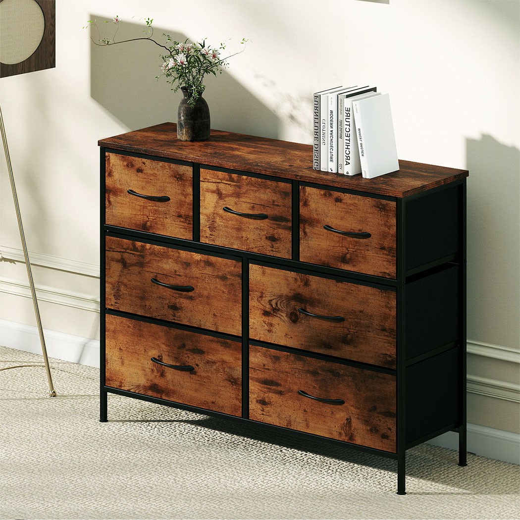 Levede Tallboy 7 Drawers Storage Cabinet Dresser Chest MDF Brown Retro