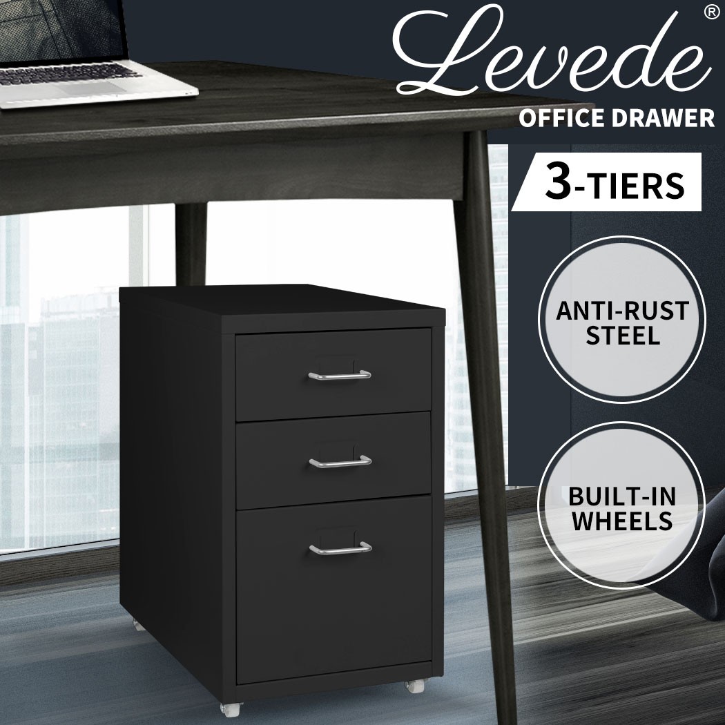 Levede Filing Cabinet 3 Drawer Steel Office Storage Cabinet Black Anti-rust