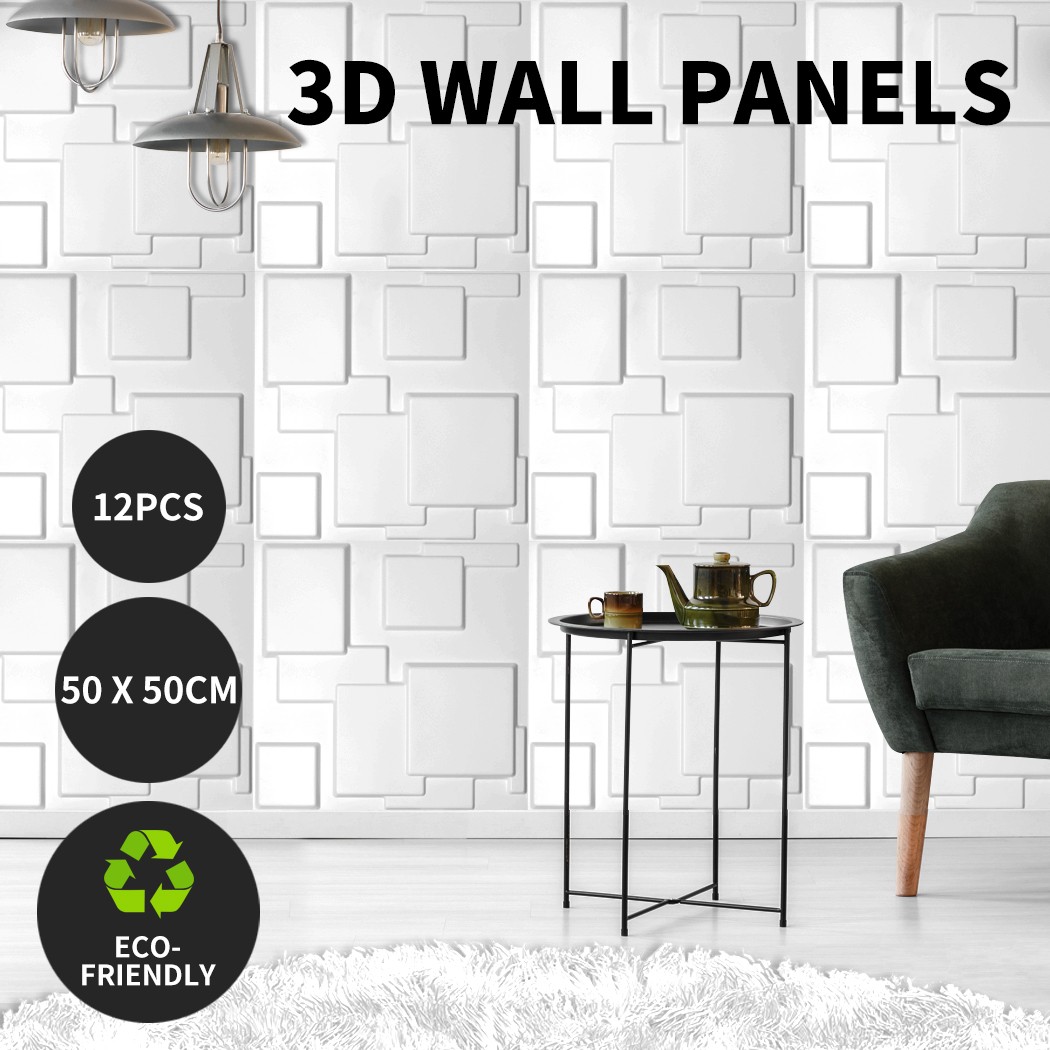 12x 3D PVC Wall Panels Stickers 50x50cm White Waterproof Scratch-proof DIY