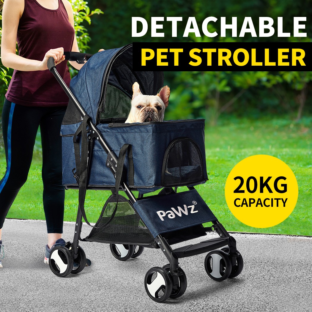 PaWz Large Pet Stroller Dog Cat Carrier Travel Foldable Pram Navy 20kg Steel