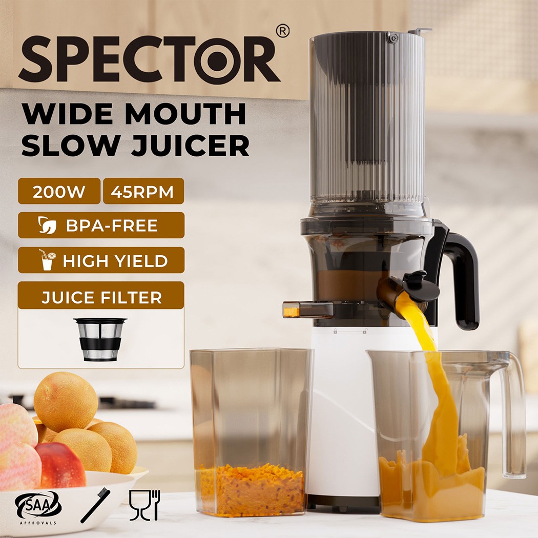 Spector Cold Press Slow Juicer 200W Wide Mouth Whole Fruit Vegetable Processor