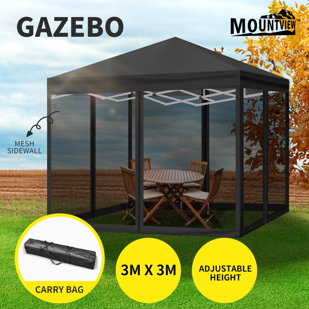 Mountview Pop Up Gazebo Marquee 3x3m Outdoor Canopy Black Mesh Side Walls