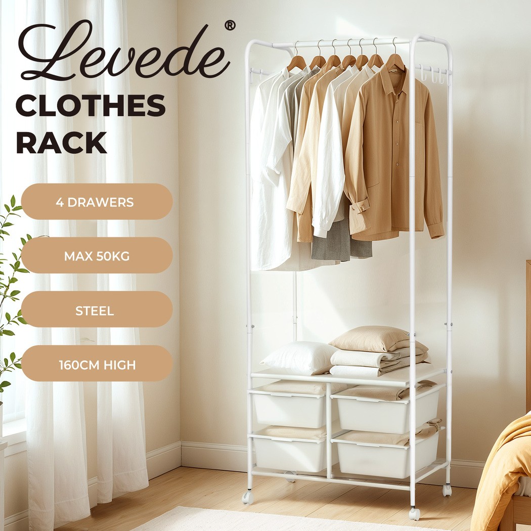 Levede Heavy Duty Clothes Stand Hanging Garment Organizer Shelf 4 Drawers White