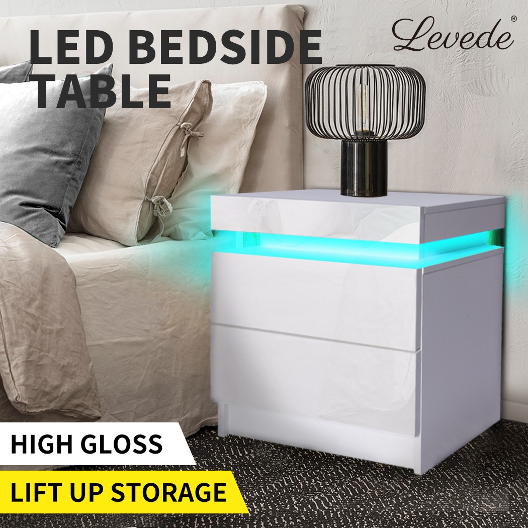Levede White Bedside Table RGB LED Lights 3 Drawers High Gloss 52cm