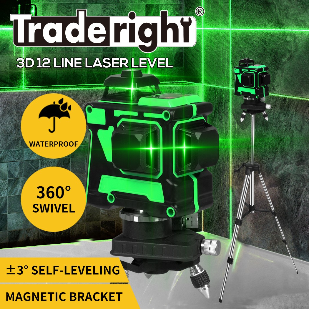 Traderight 3D Laser Level Green Light Self Leveling 12 Line 1.2m Tripod