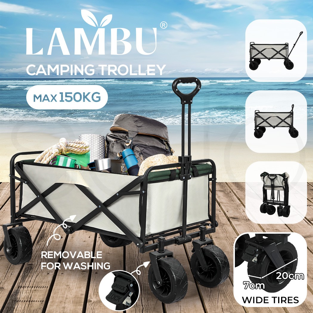 Lambu Folding Camping Trolley Garden Wagon Cart 4 Wheels 150kg Beige