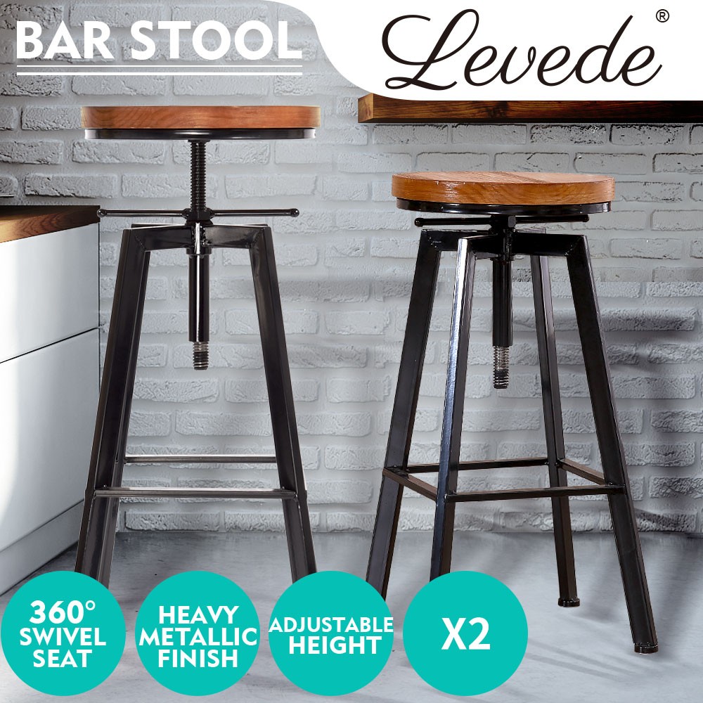 Levede 2x Adjustable Bar Stools Industrial Wooden Swivel Chairs Black 64-81cm