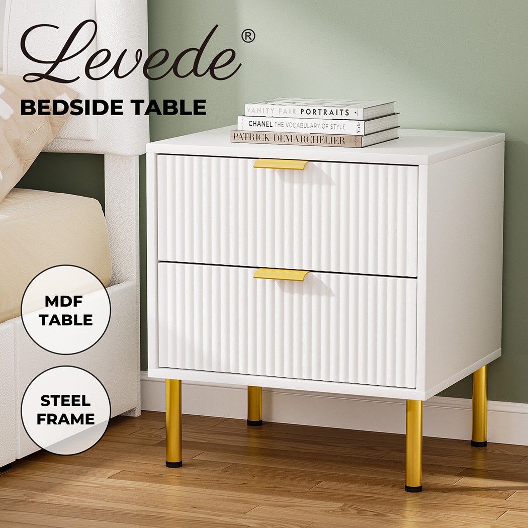 Levede Bedside Table 2 Drawers Fluted Glossy White Steel Modern Flat Pack