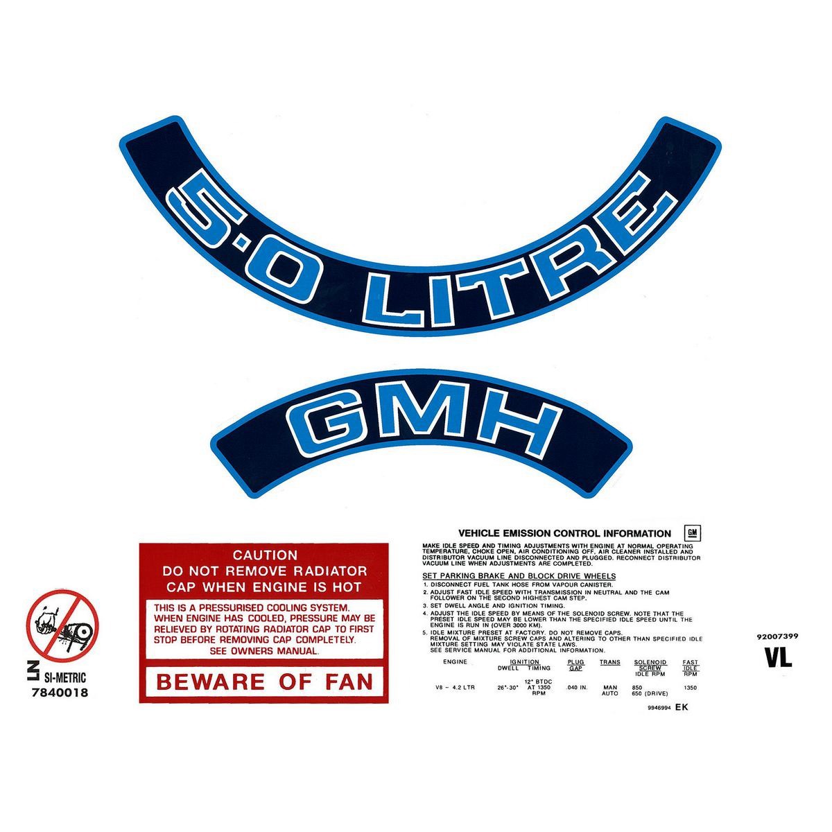 RSP Engine Decal Kit (Blue) Commodore VL 5.0 Litre - ED1030B Auto