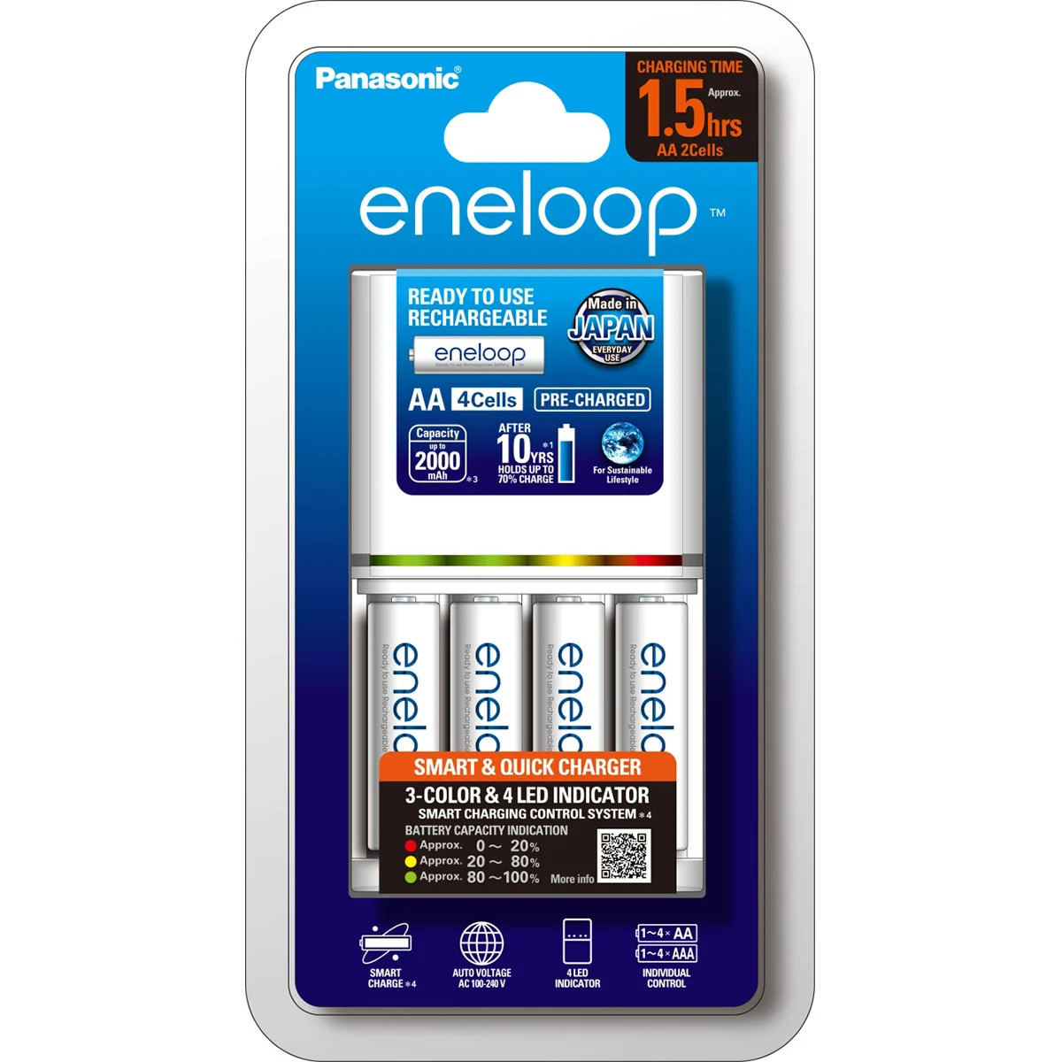 Panasonic Eneloop Quick Charger with 4x AA NiMH Batteries 2000mAh 1.2V