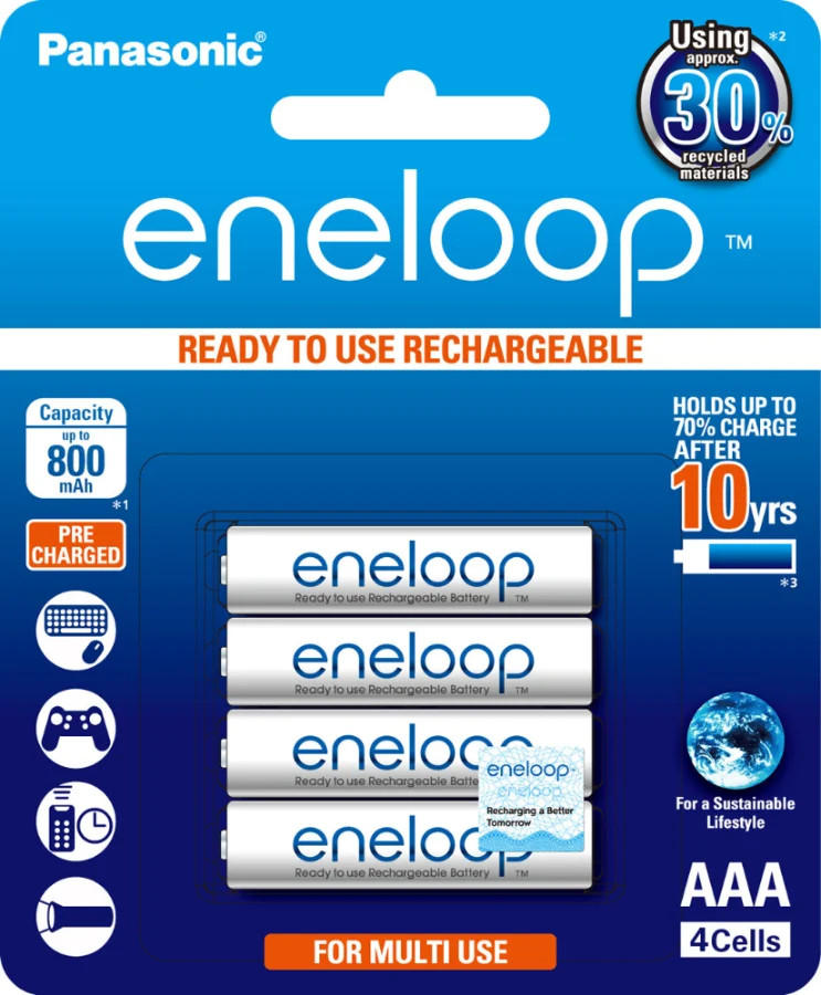 Panasonic Eneloop AAA-4 pk Rechargeable NiMH Batteries 800 mAh 1.2V