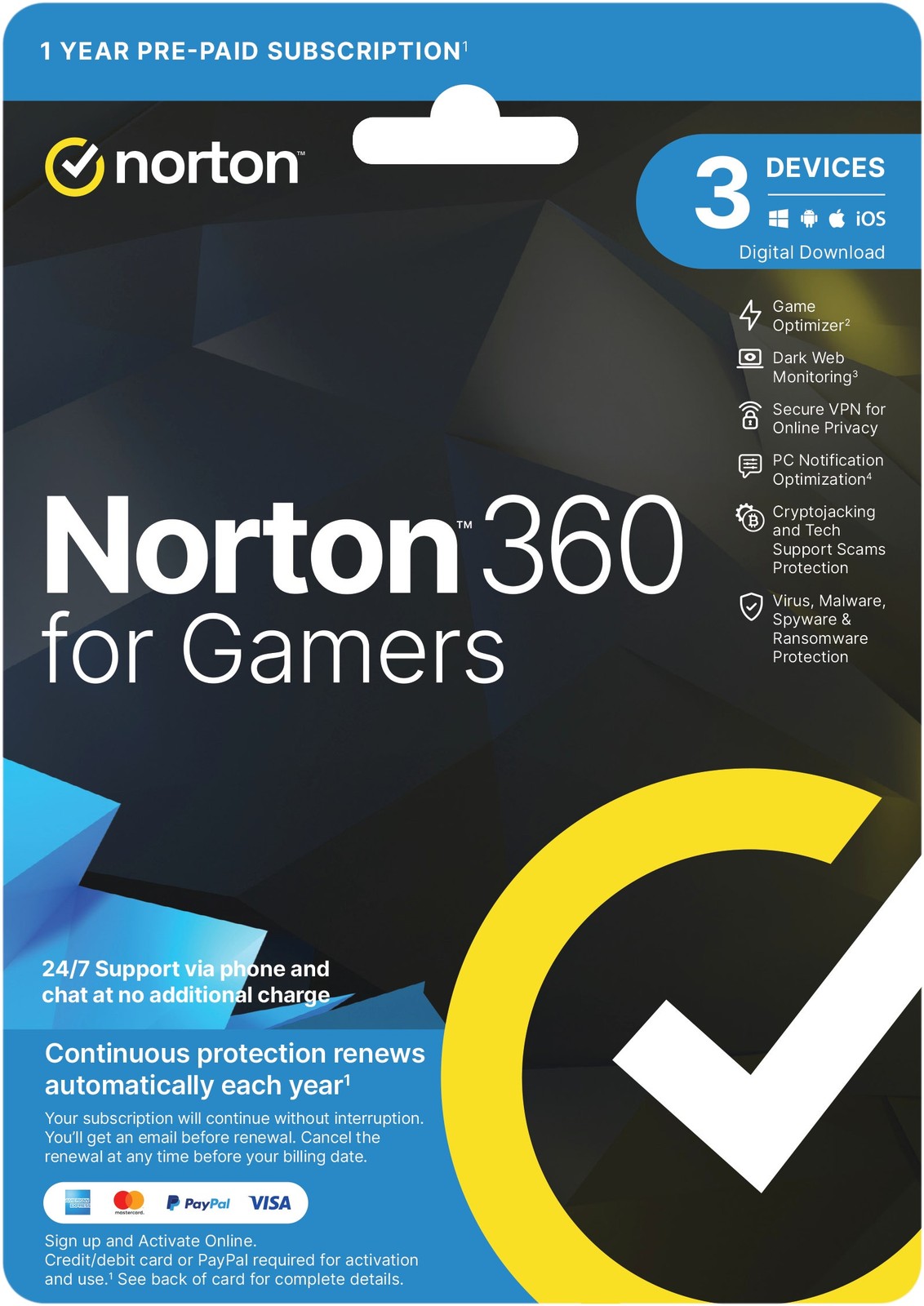 Norton 360 for Gamers Antivirus/Internet Security 50GB-1 User-3 Devices-12 Month