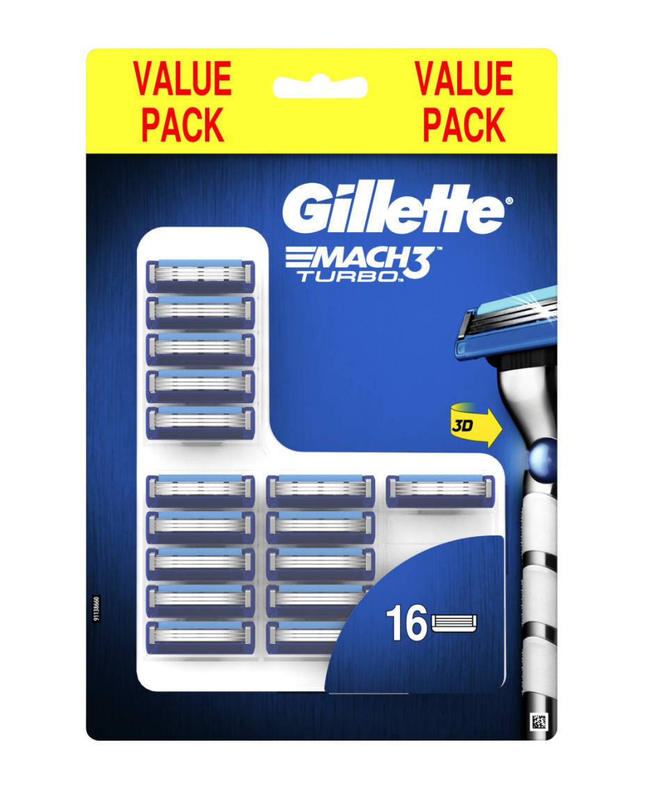 Gillette Mach3 Turbo Razor Blades Refill 16 Pack MACH316 Men Face Shaving