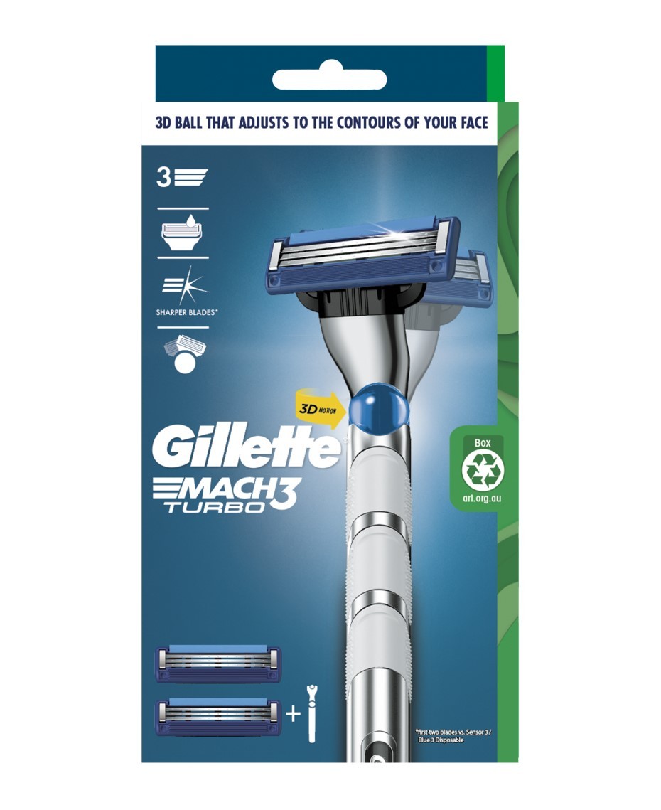 Gillette Mach3 Turbo 3D Men&apos Razors 3 Blades Refill 2 Pack Plastic Face