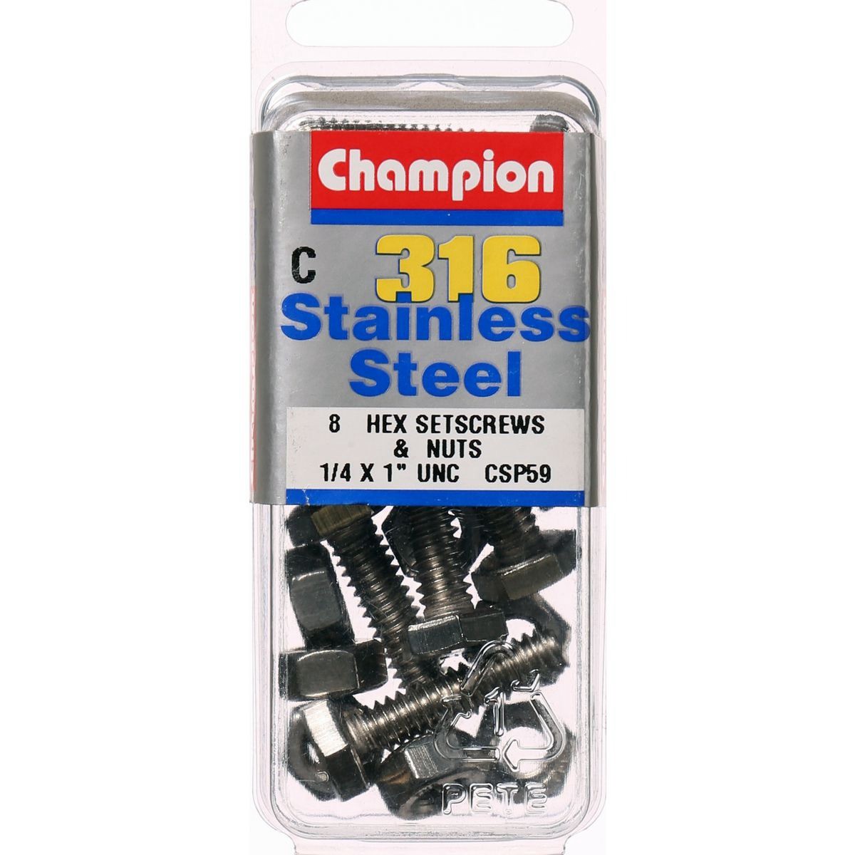 Champion 316/A4 Stainless Steel Hex Set Screws & Nuts – 1/4in x 1in UNC - CSP59
