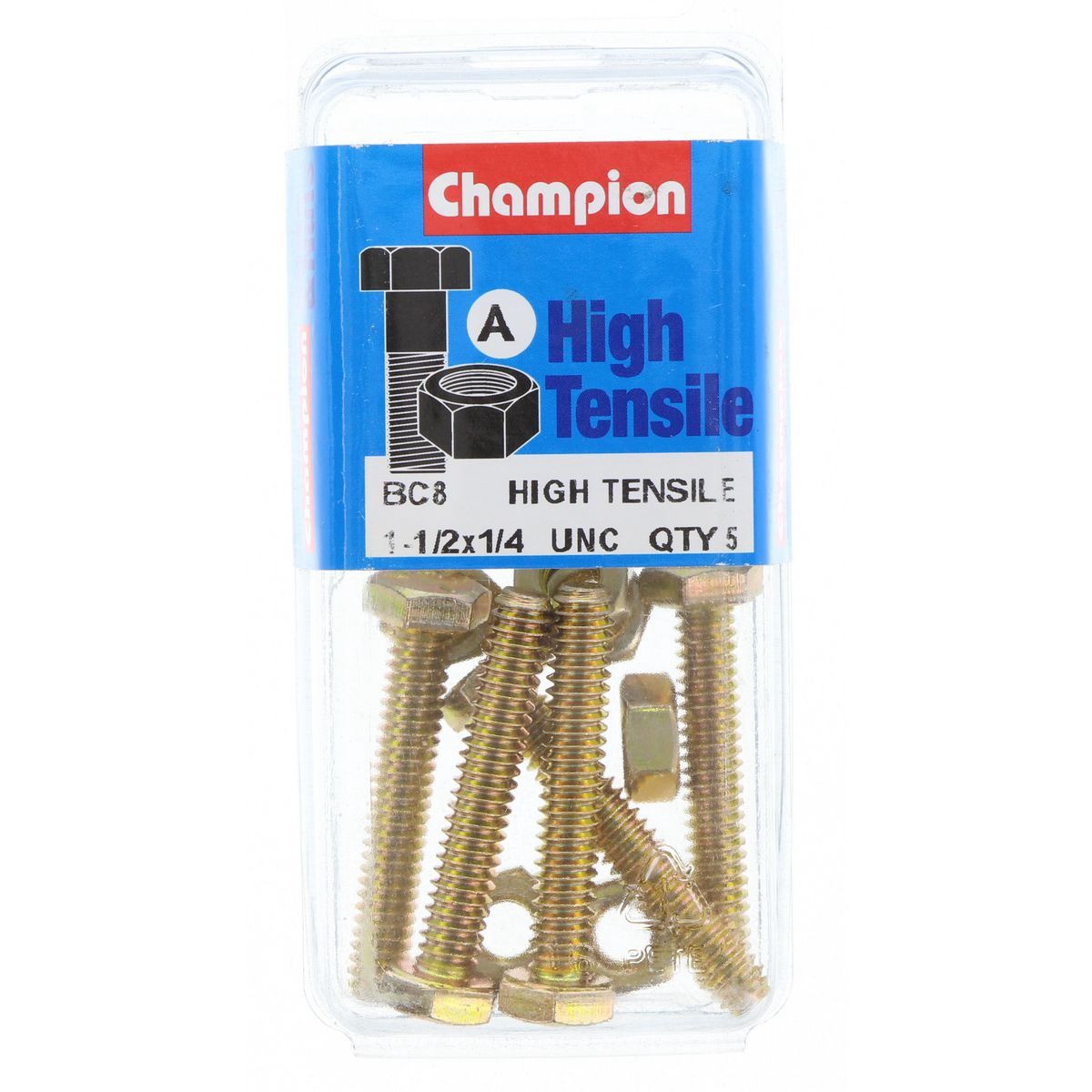 Champion High Tensile Hex Set Screws & Nuts – 1/4in x 1-1/2in UNC Grade 5 - BC8
