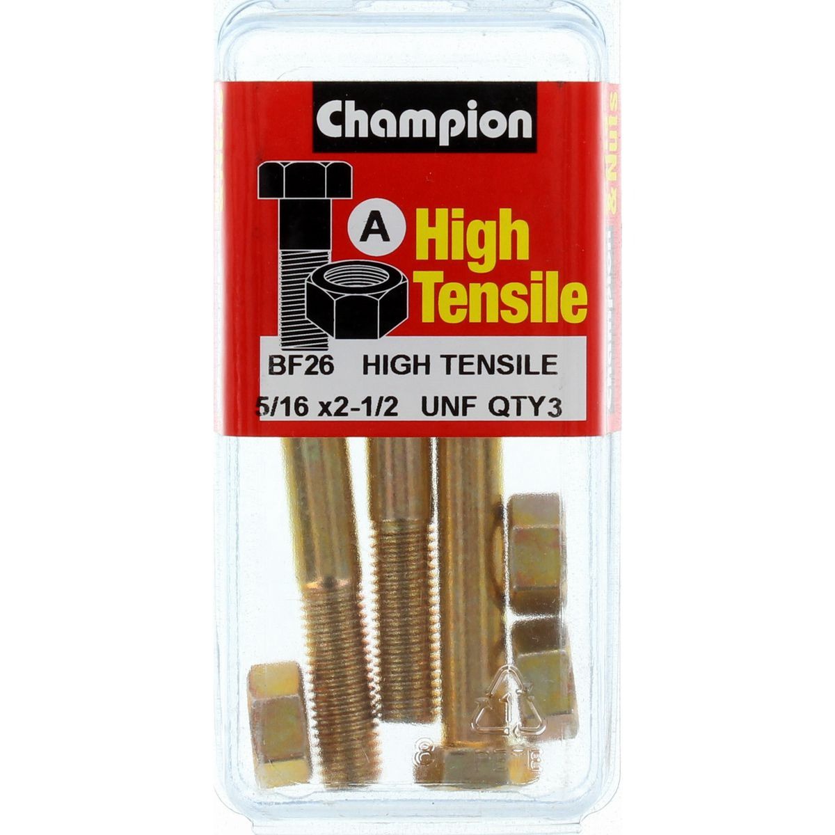 Champion High Tensile Hex Bolts and Nuts – 5/16in x 2-1/2in UNF – Grade 5 - BF26