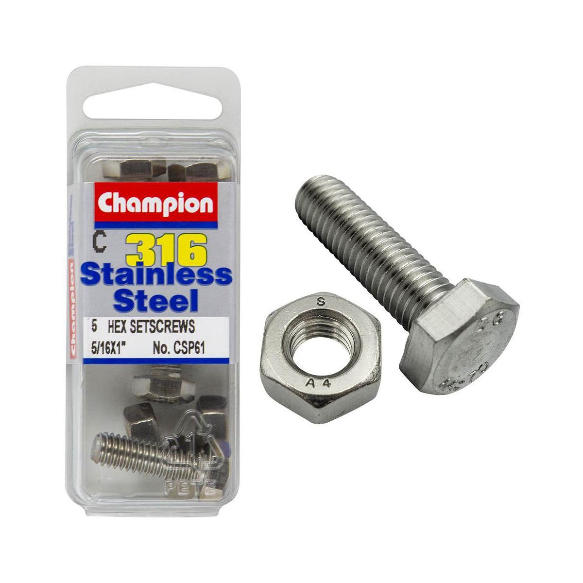 Champion 316/A4 Stainless Steel Hex Set Screws & Nuts – 5/16in x 1in UNC - CSP61