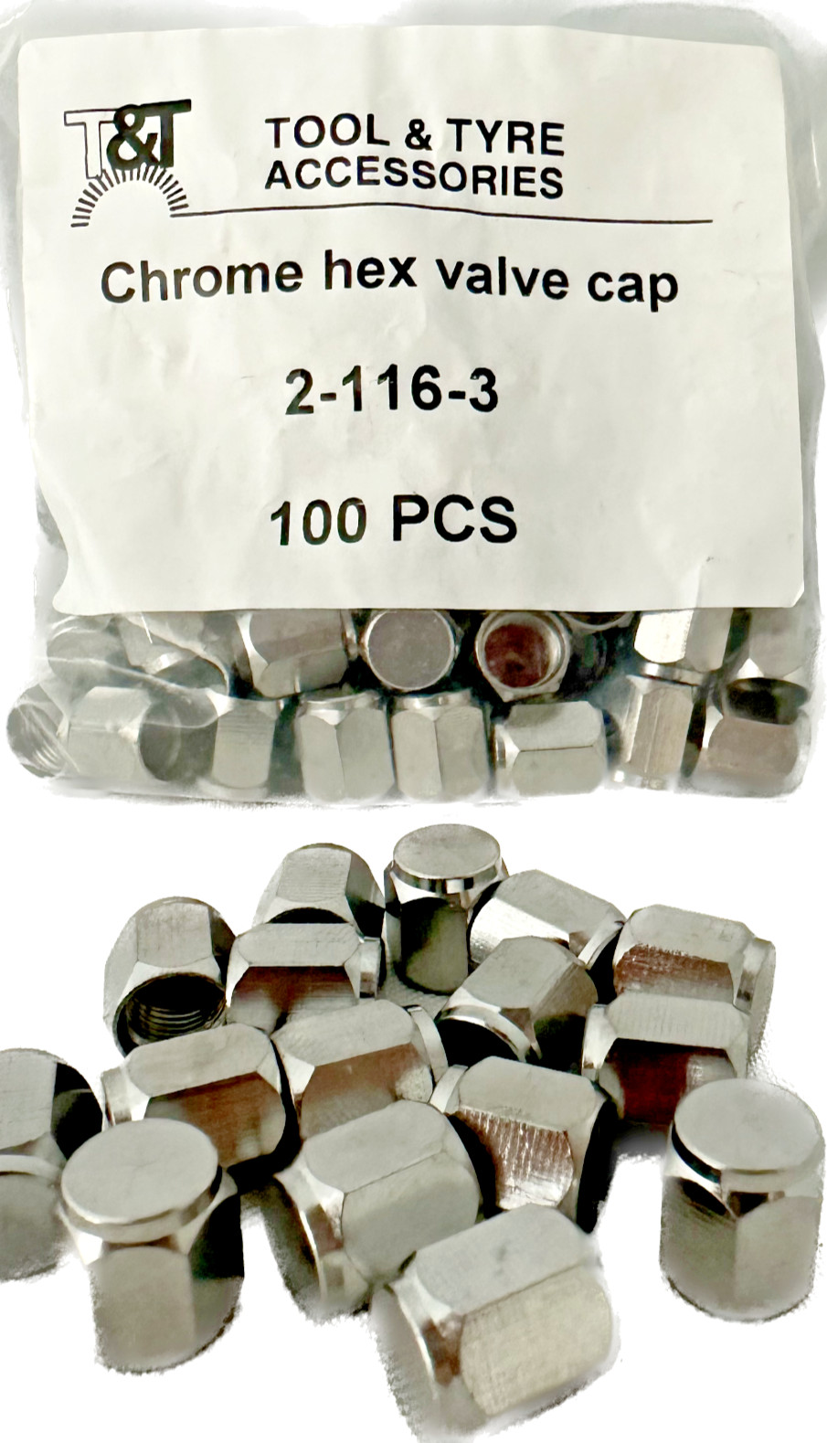 Tool & Tyre Accessories 22529 Chrome Hex Tyre Tire Valve Caps 100 Piece