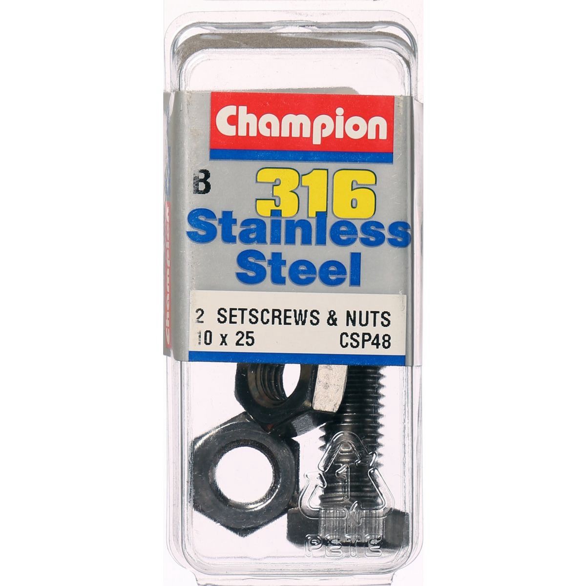 Champion 316/A4 Stainless Steel Hex Set Screws and Nuts – M10 x 25mm – 1.50mm Pi