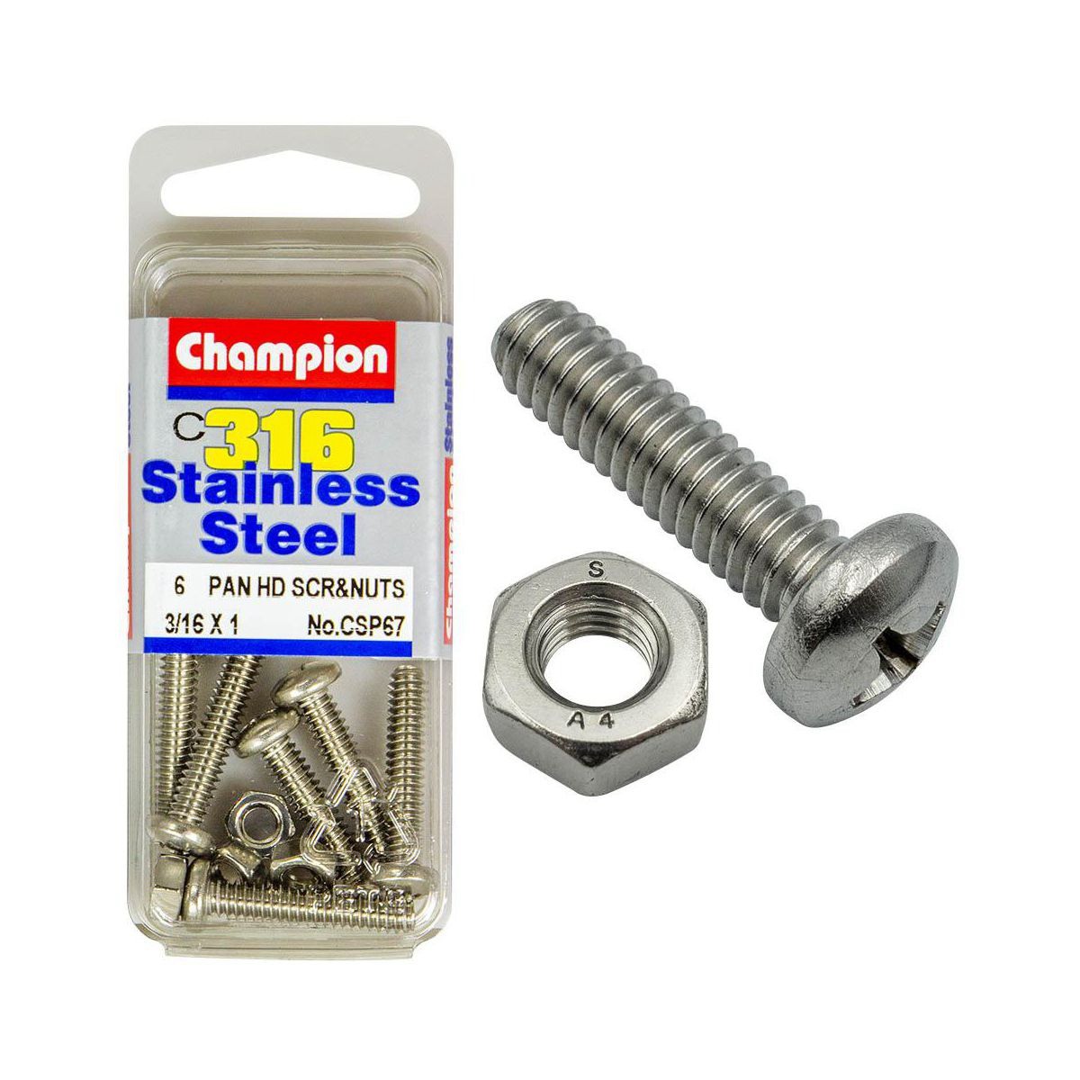 Champion 316/A4 Stainless Steel Pan Head Phillips Machine Screws & Nuts – 3/16in