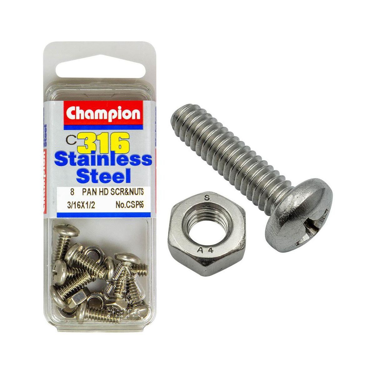Champion 316/A4 Stainless Steel Pan Head Phillips Machine Screws & Nuts – 3/16in