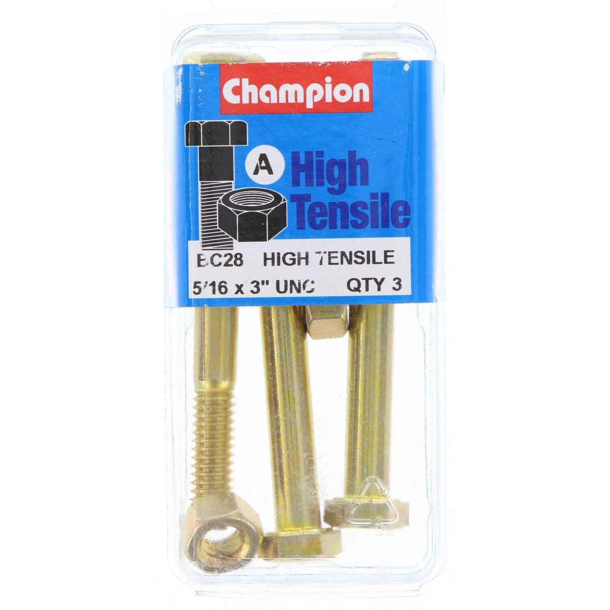 Champion High Tensile Hex Bolts & Nuts – 5/16in x 3in UNC Grade 5 - BC28 Auto