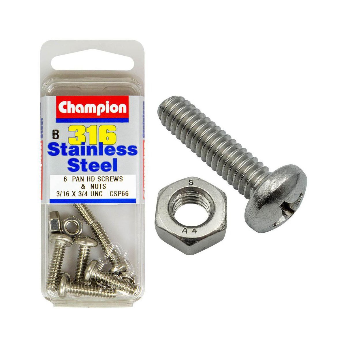 Champion 316/A4 Stainless Steel Pan Head Phillips Machine Screws & Nuts – 3/16in