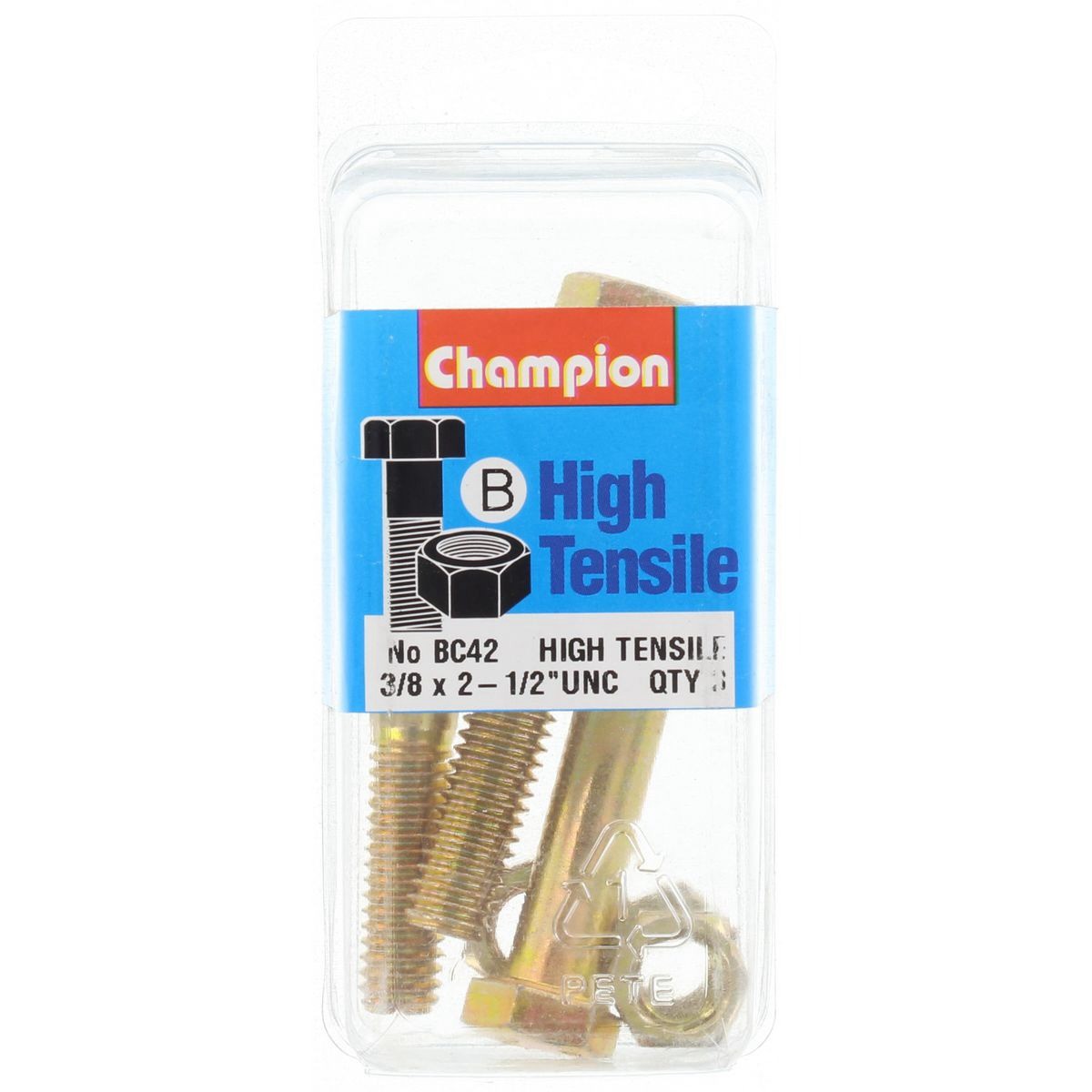 Champion High Tensile Hex Bolts & Nuts – 3/8in x 2-1/2in UNC Grade 5 - BC42 Auto