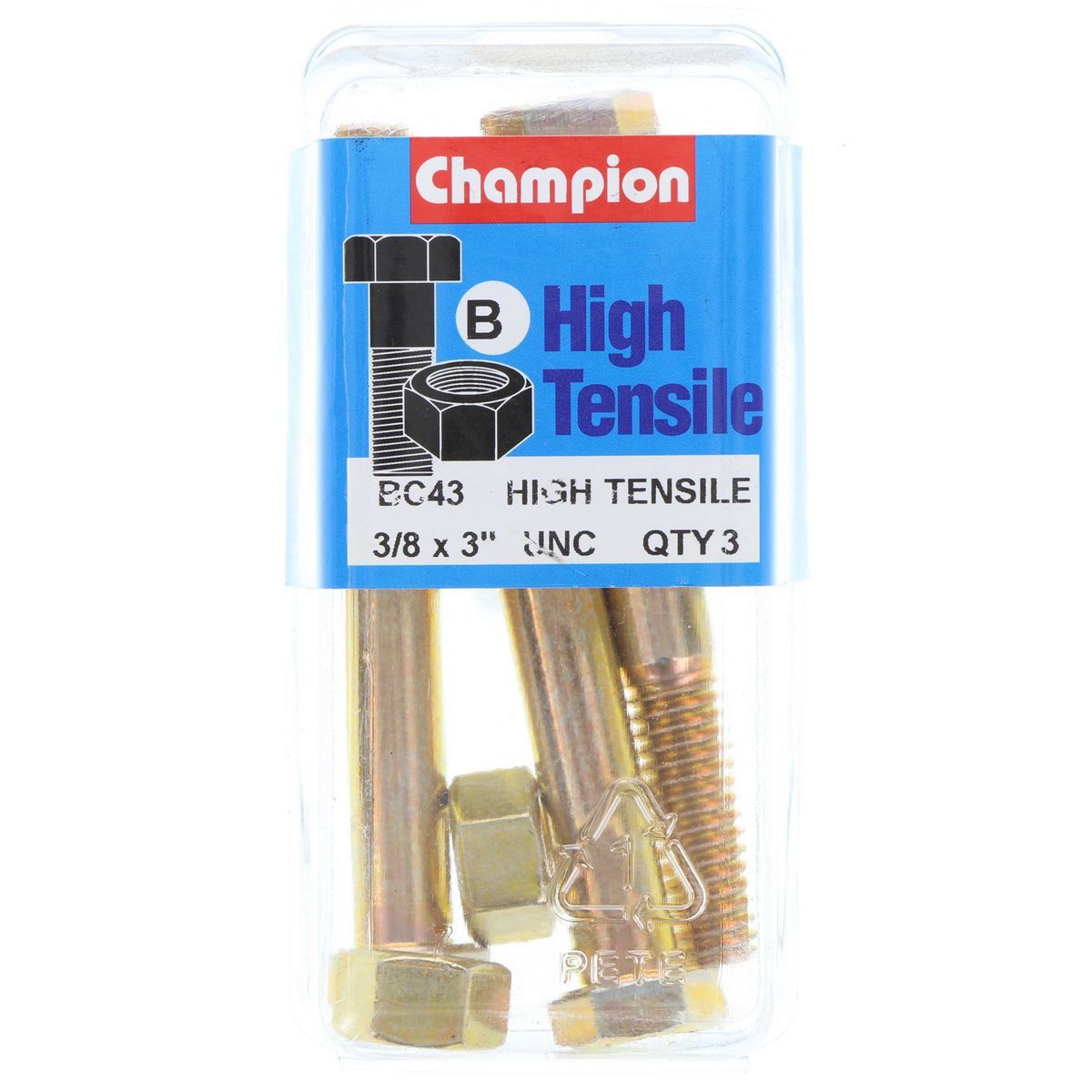 Champion High Tensile Hex Bolts & Nuts – 3/8in x 3in UNC Grade 5 - BC43 Hardware