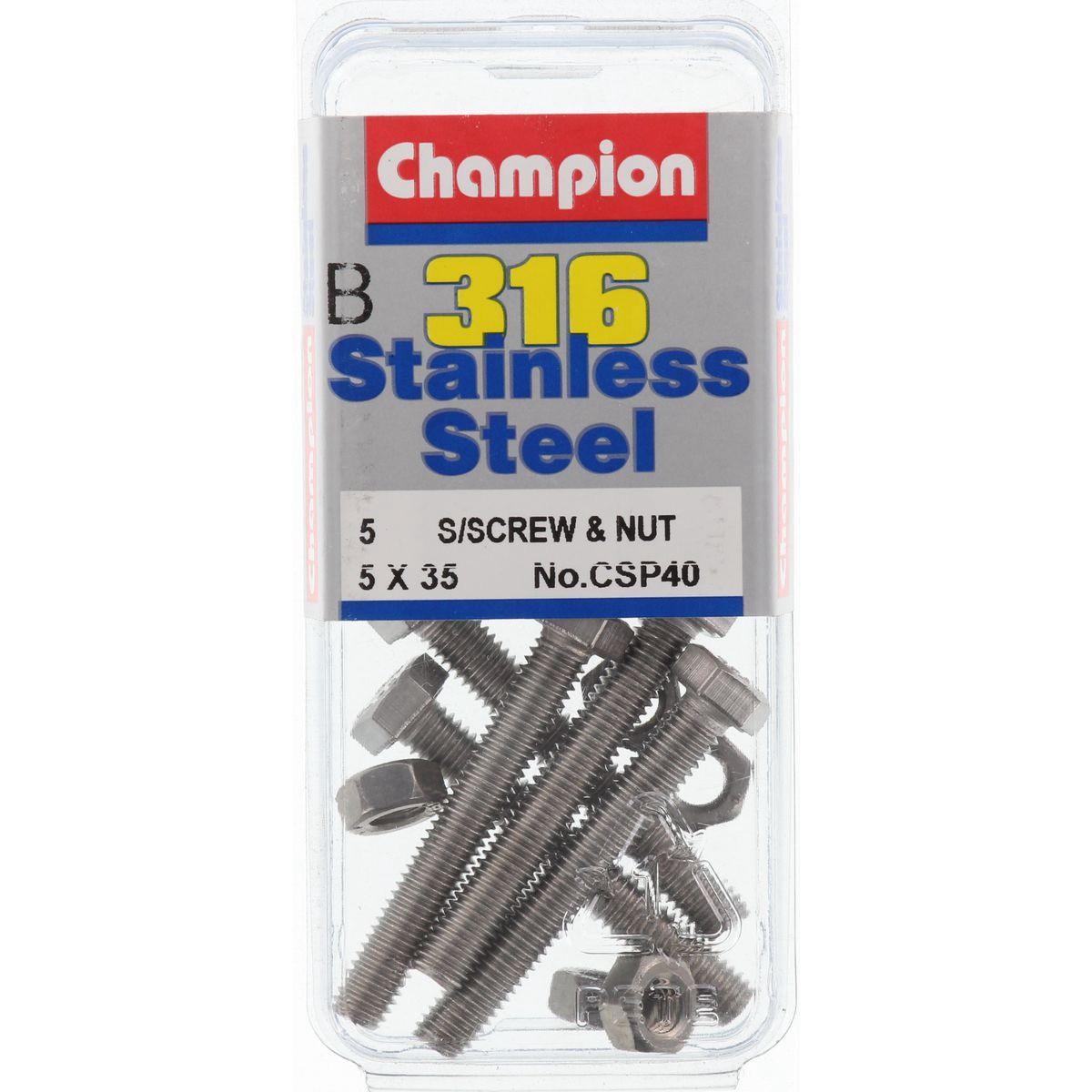 Champion 316/A4 Stainless Steel Hex Set Screws and Nuts – M5 x 35mm – 0.8mm Pitc