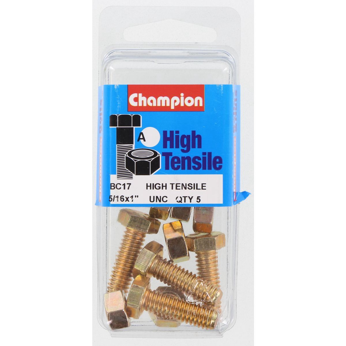 Champion High Tensile Hex Set Screws and Nuts – 5/16in x 1in UNC – Grade 5 - BC1