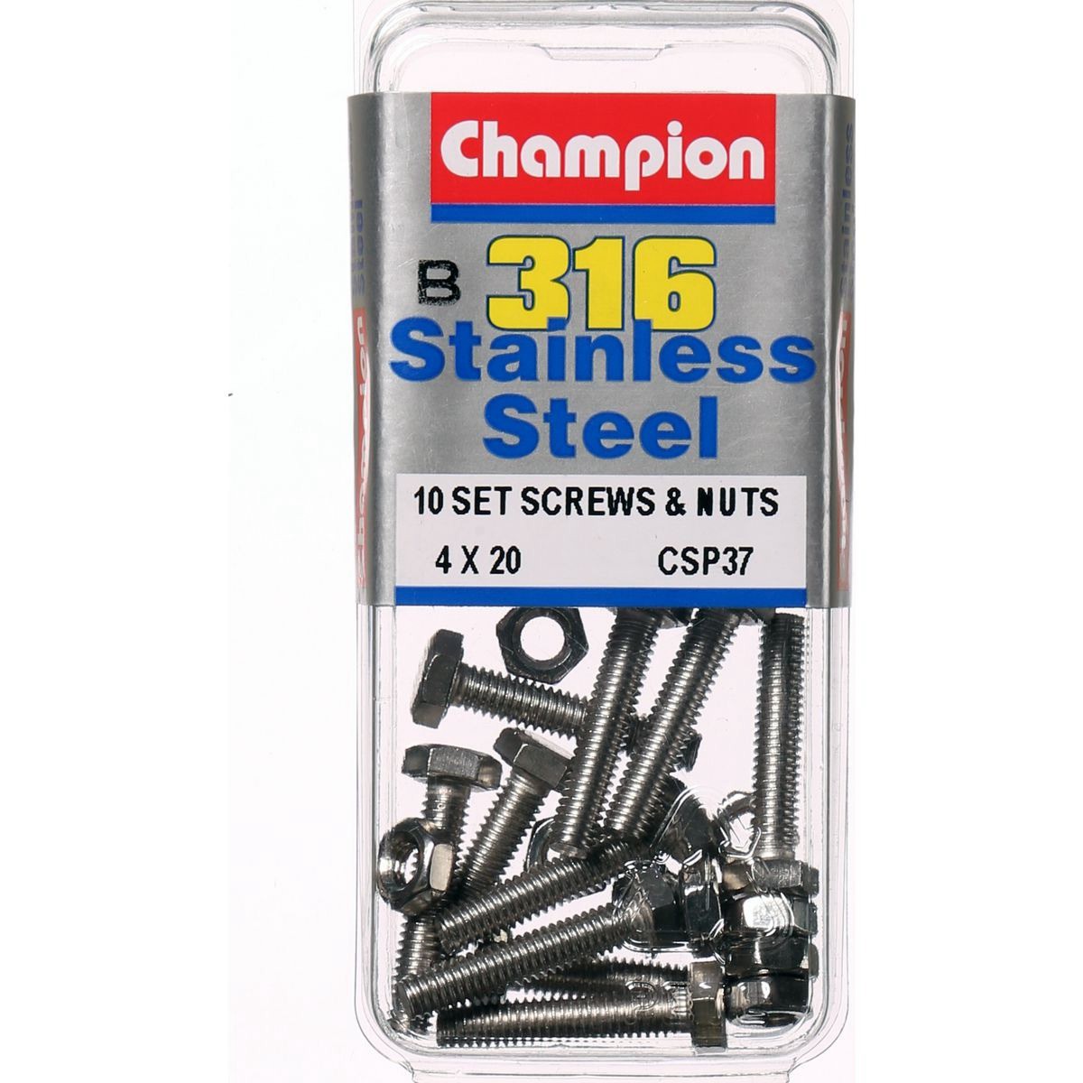 Champion 316/A4 Stainless Steel Hex Set Screws and Nuts – M4 x 20mm – 0.7mm Pitc
