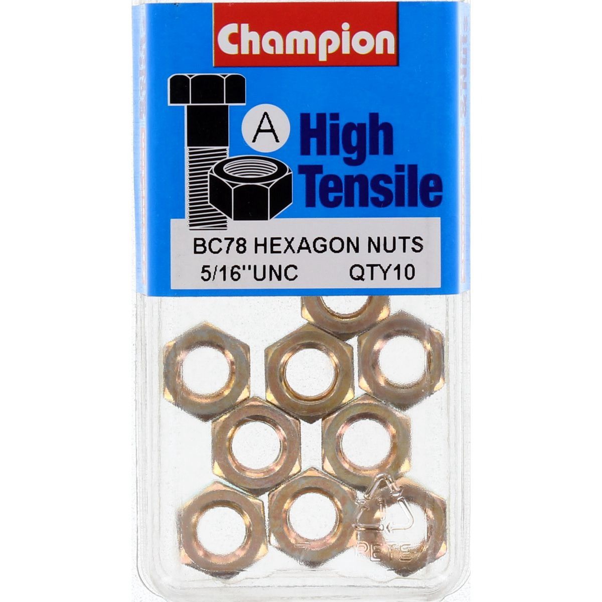 Champion Hex Plain Nuts – 5/16in UNC Class 5 - BC78 Hardware