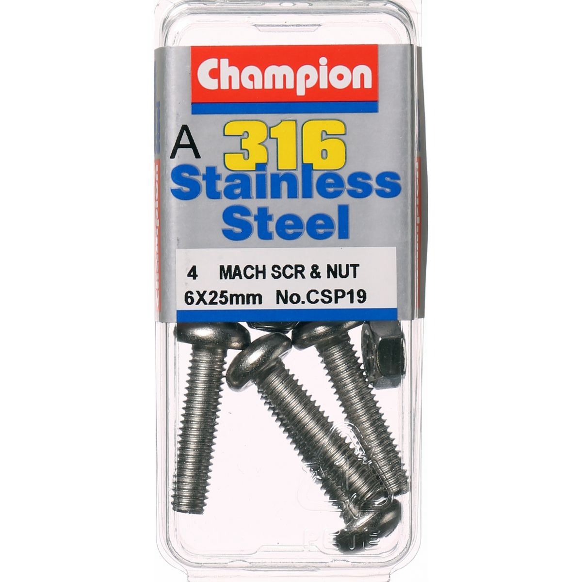 Champion 316/A4 Stainless Steel Pan Head Phillips Machine Screws and Nuts – M6 x