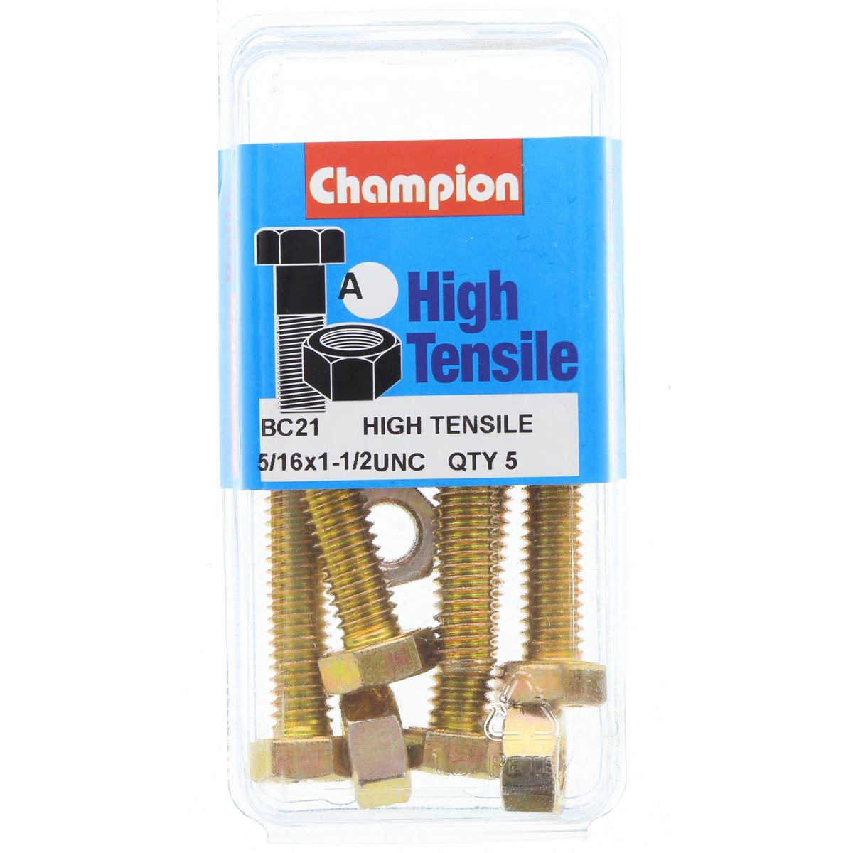 Champion High Tensile Hex Set Screws and Nuts – 5/16in x 1-1/2in UNC – Grade 5 -