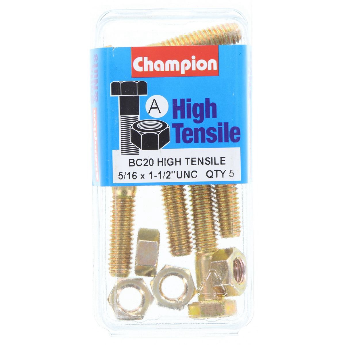 Champion High Tensile Hex Bolts & Nuts – 5/16in x 1-1/2in UNC Grade 5 - BC20 DIY
