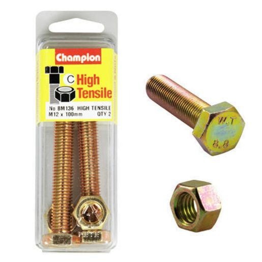 Champion High Tensile Hex Set Screws & Nuts – M12 x 100mm Grade 8.8 - BM136 Auto