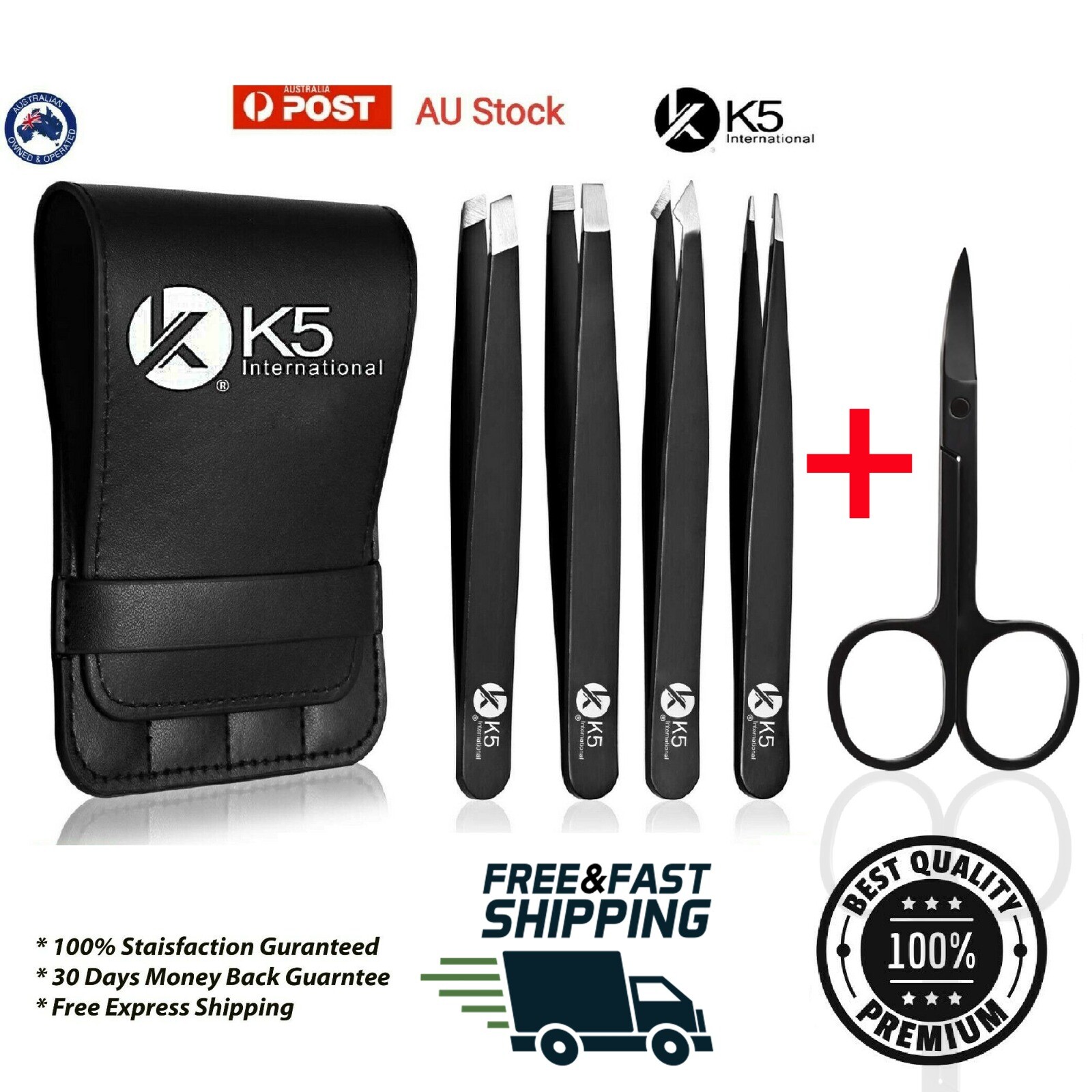 K5 International Professional Eyebrow Tweezers Set Slanted Stainless Steel Black