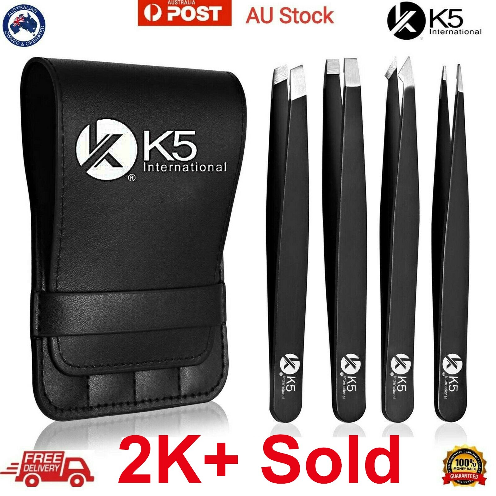 K5 International 4-Piece Eyebrow Tweezers Set Slanted Pointed Stainless Steel