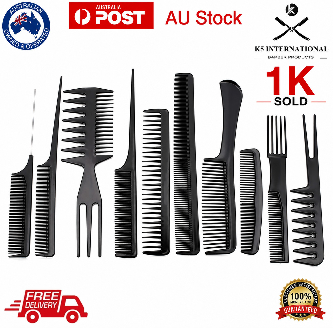 K5 International 10Pcs/Set Hairdressing Combs Barber Salon Plastic Brush Black