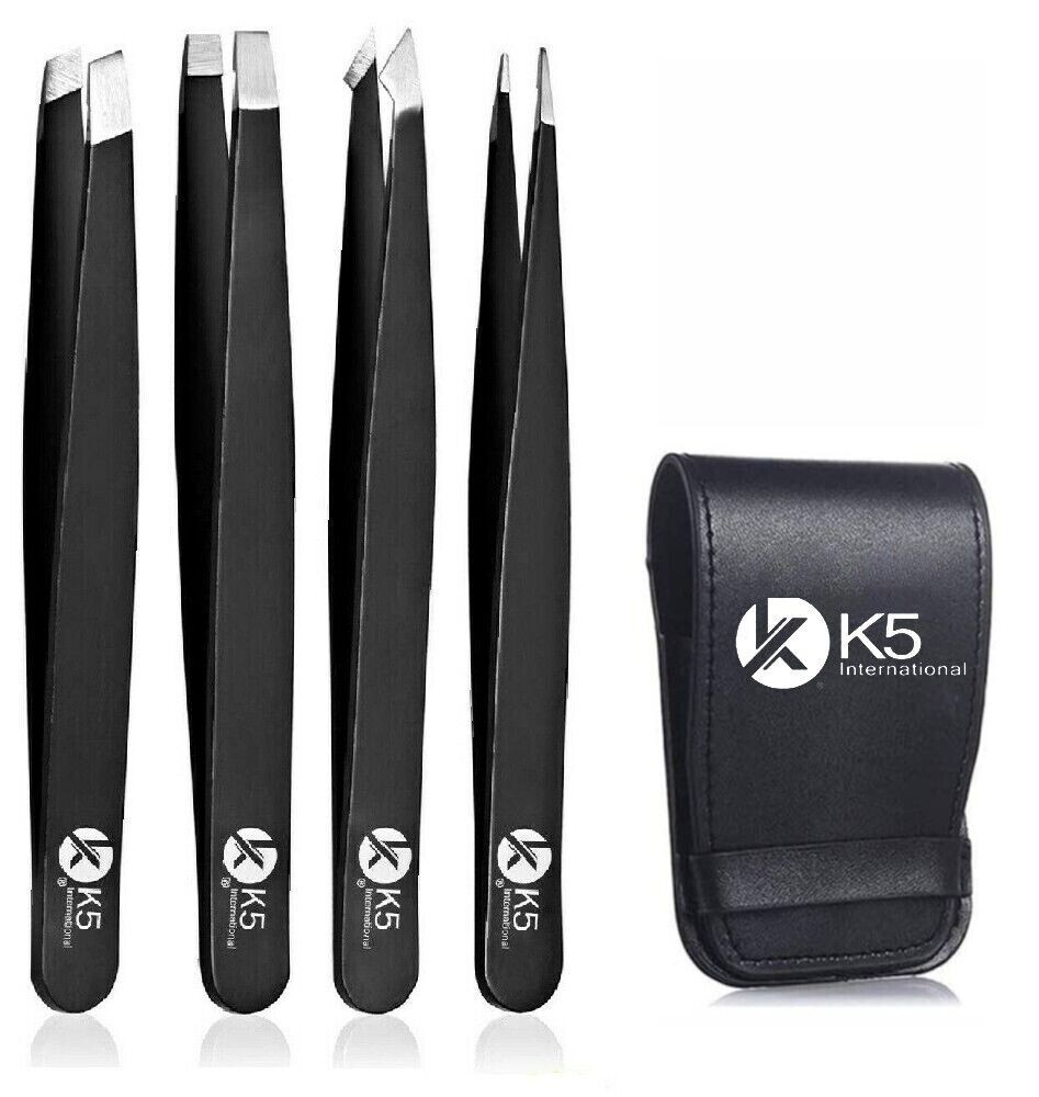 K5 INTERNATIONAL Eyebrow Tweezers Stainless Steel Slanted Pointed Tip 12 Black