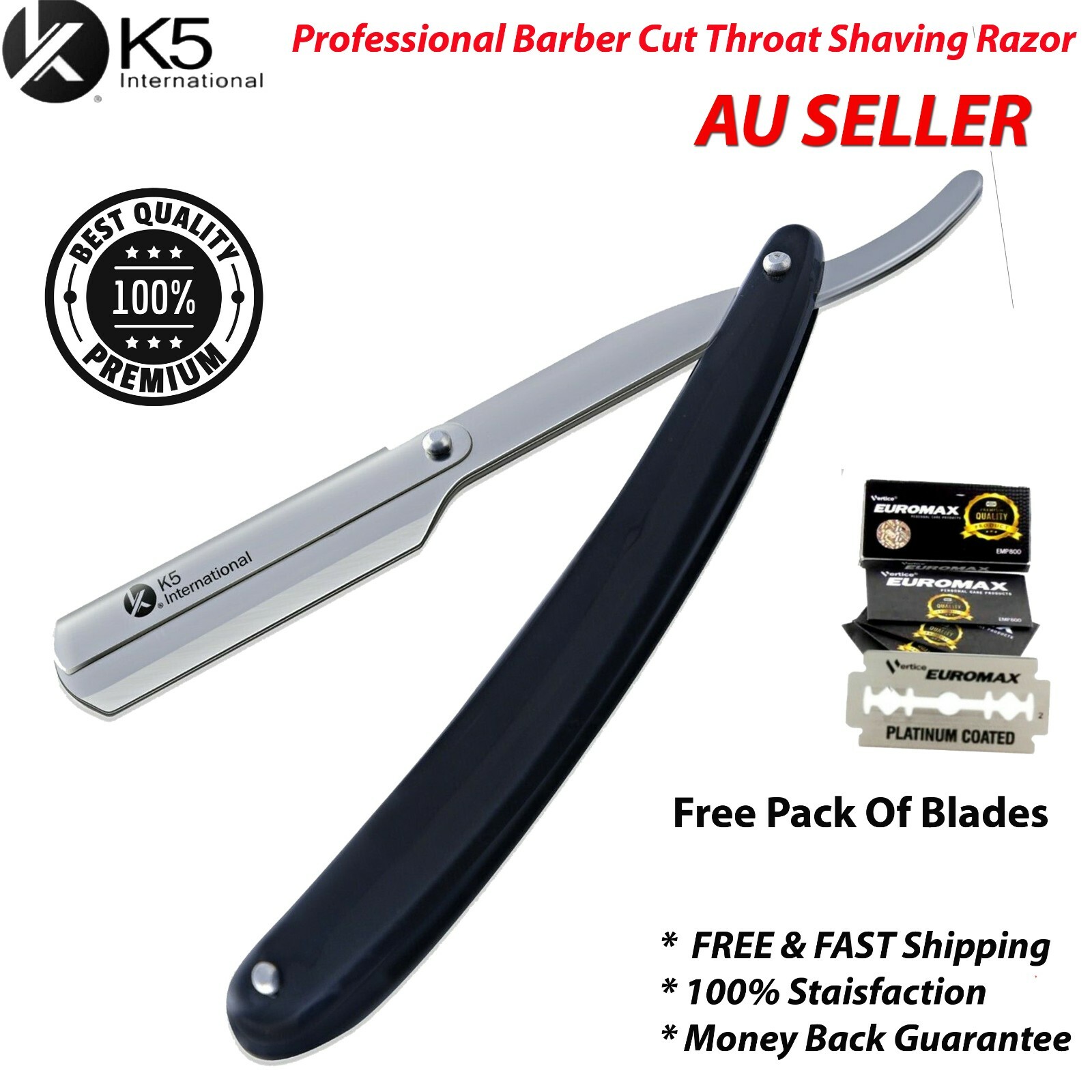 K5 International Cut Throat Straight Razor Shavette Black Plastic Handle Barber
