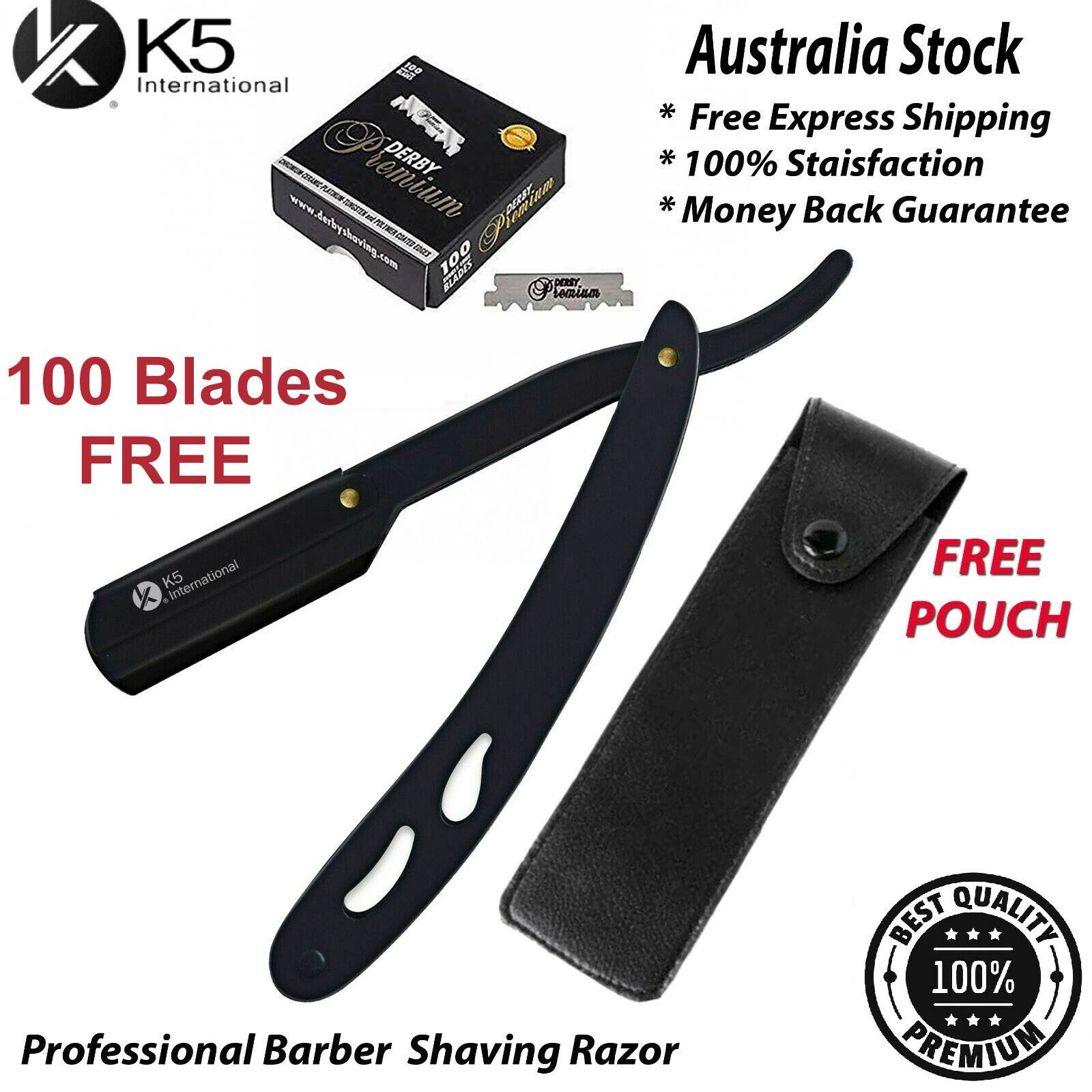 K5 International Straight Cut Throat Razor Stainless Steel Black 100 Blades