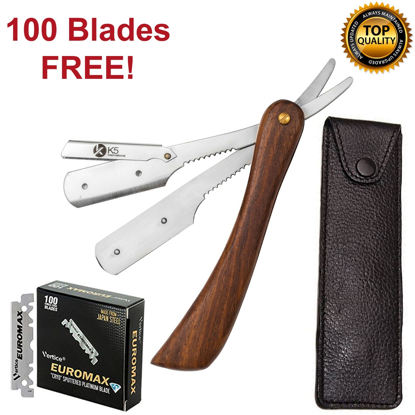 K5 International Barber Shavette Straight Razor Wooden Handle Sliding Model